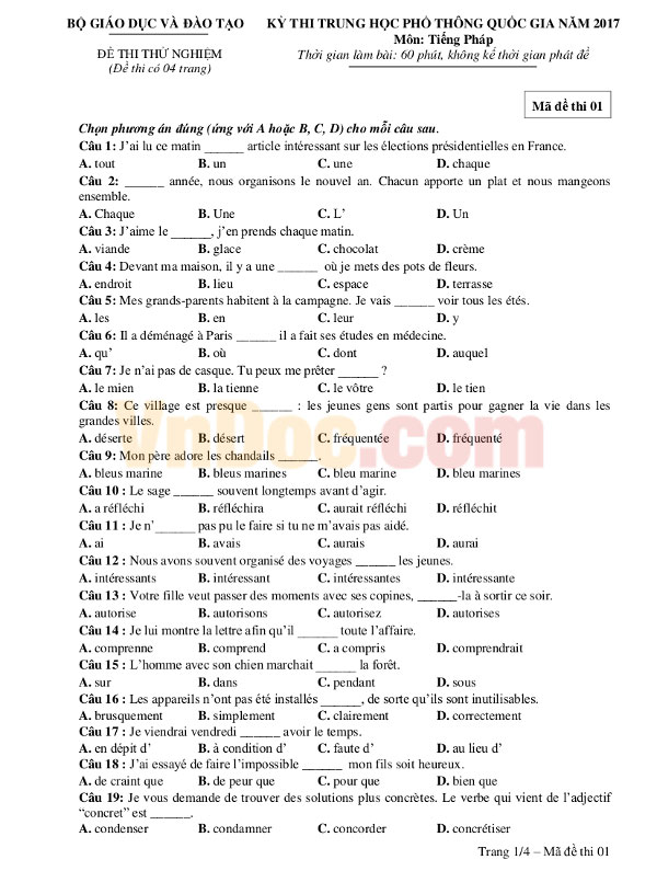 Đề thi minh họa và đáp án kỳ thi THPT Quốc gia năm 2017 môn Tiếng Pháp