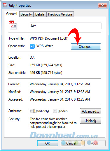 Thay đổi thuộc tính mở file PDF