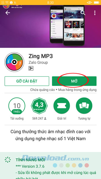 Mở Zing MP3
