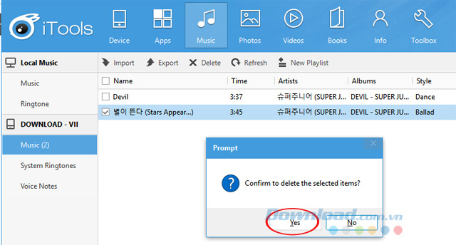 Xác nhận xóa nhạc bằng iTools