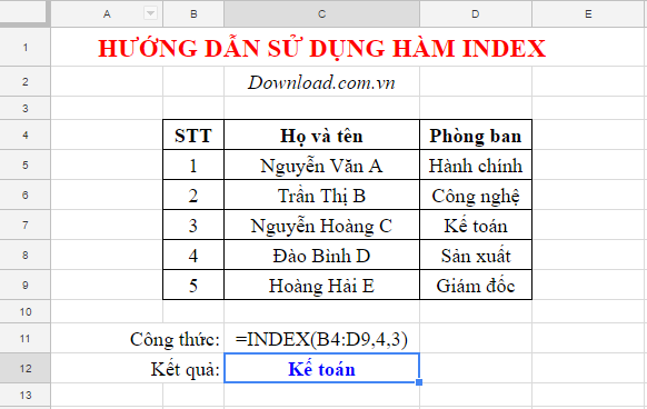 Kết quả hàm INDEX trả về trong Excel