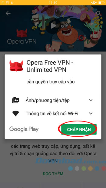 Chấp nhận cài đặt Opera VPN