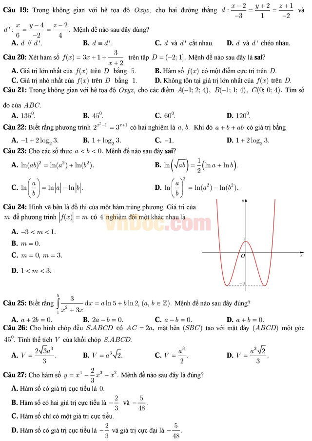 Đề thi trắc nghiệm môn Toán lớp 12 có đáp án