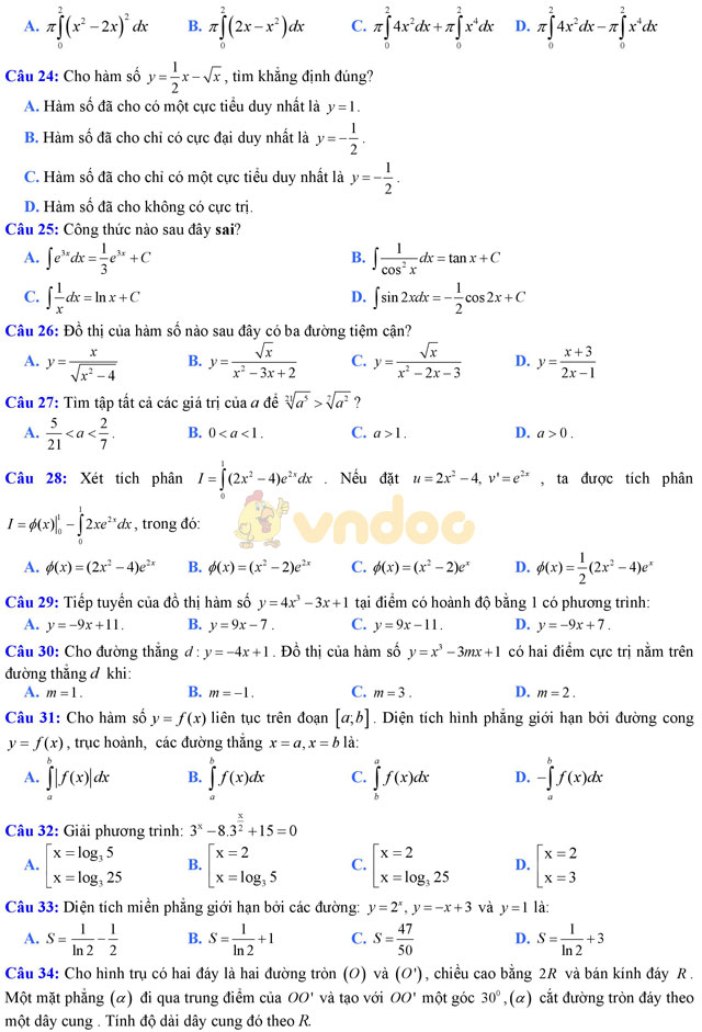 Đề thi trắc nghiệm môn Toán lớp 12 có đáp án