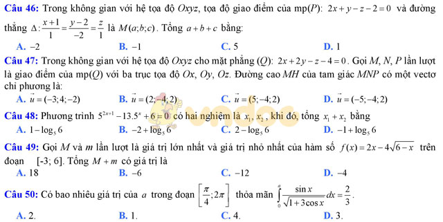 Đề thi trắc nghiệm môn Toán lớp 12 có đáp án