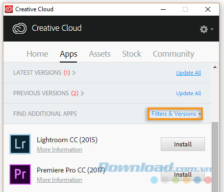 Sử dụng bộ lọc ứng dụng trong Creative Cloud