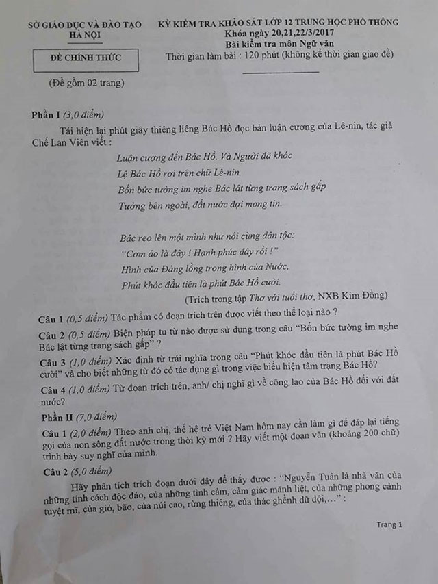Đề thi thử THPT Quốc gia năm 2017 môn Ngữ văn - Thành phố Hà Nội