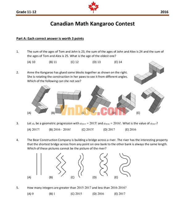 Đề thi Toán Quốc tế Kangaroo năm 2016