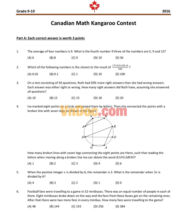 Đề thi Toán Quốc tế Kangaroo năm 2016 lớp 7, 8 có đáp án (Đề tiếng Anh)