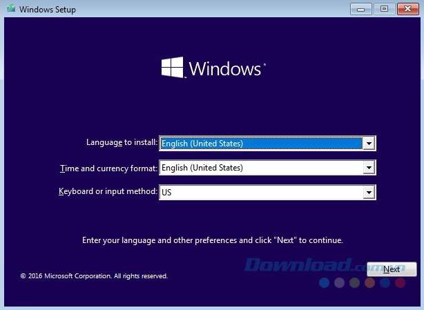 Cửa sổ đầu tiền của trình hướng dẫn cài đặt Windows