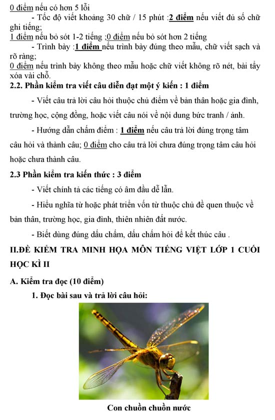 Hướng dẫn ra đề thi học kì 2 môn Tiếng Việt lớp 1