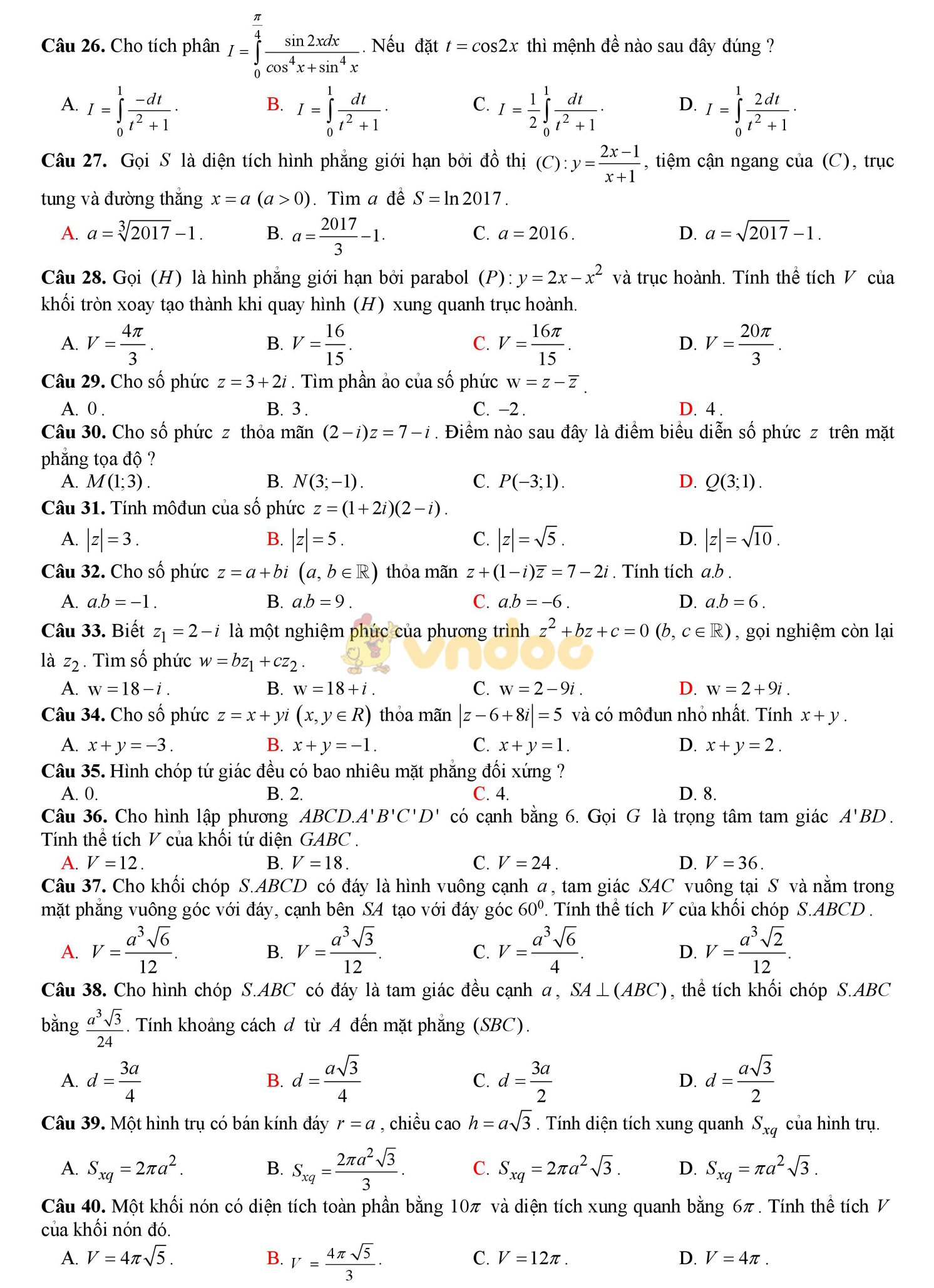 Đề thi thử THPT Quốc gia năm 2017 môn Toán