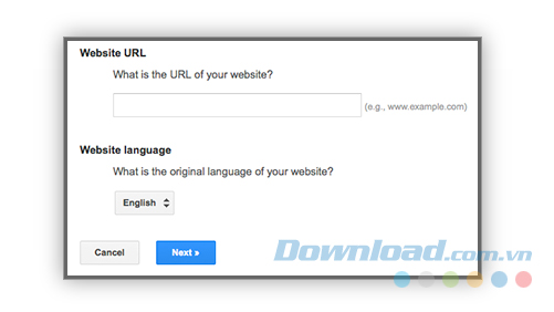 Nhập URL và chọn ngôn ngữ gốc