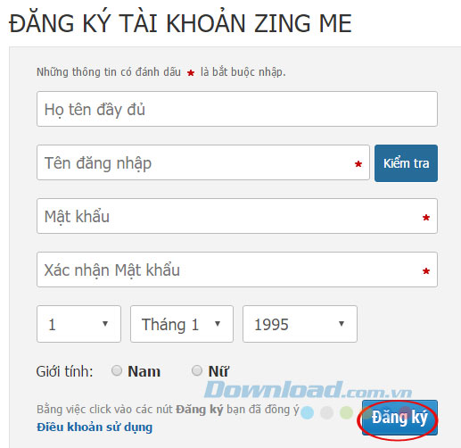 Đăng ký tài khoản Zing Me