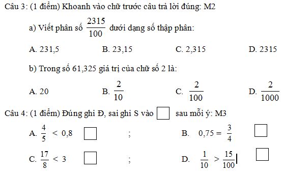 Đề thi học kì 2 môn Toán lớp 5