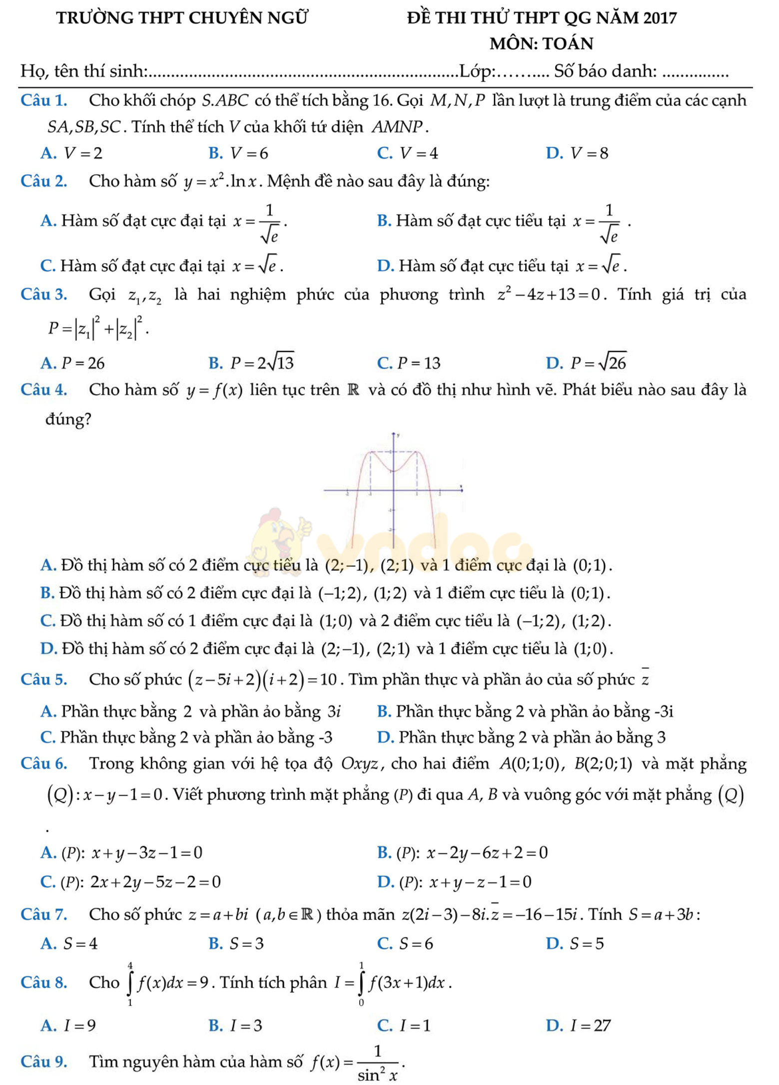 Đề thi thử THPT Quốc gia năm 2017 môn Toán