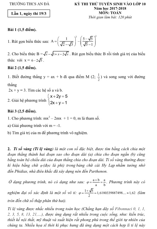 Đề thi thử vào lớp 10 môn Toán