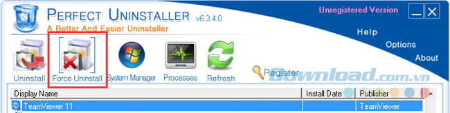 Chọn Force Uninstall trên giao diện chính của Perfect Uninstaller