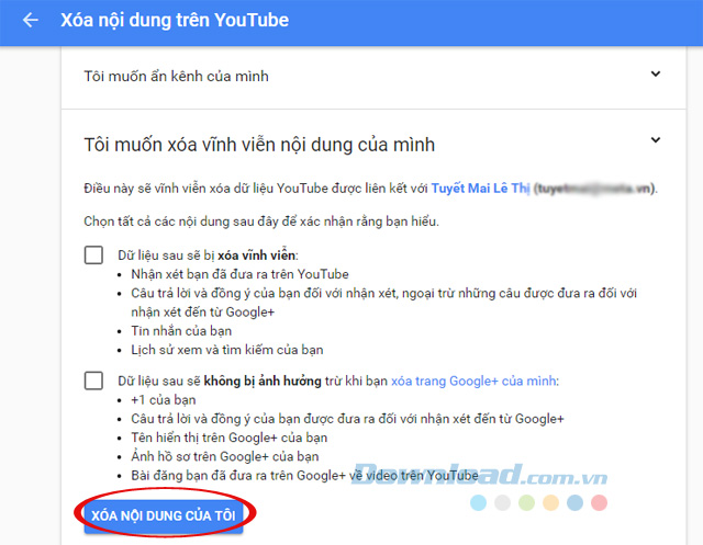 Xóa nội dung YouTube