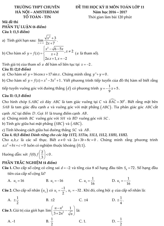 Đề thi học kì 2 lớp 11 môn Toán