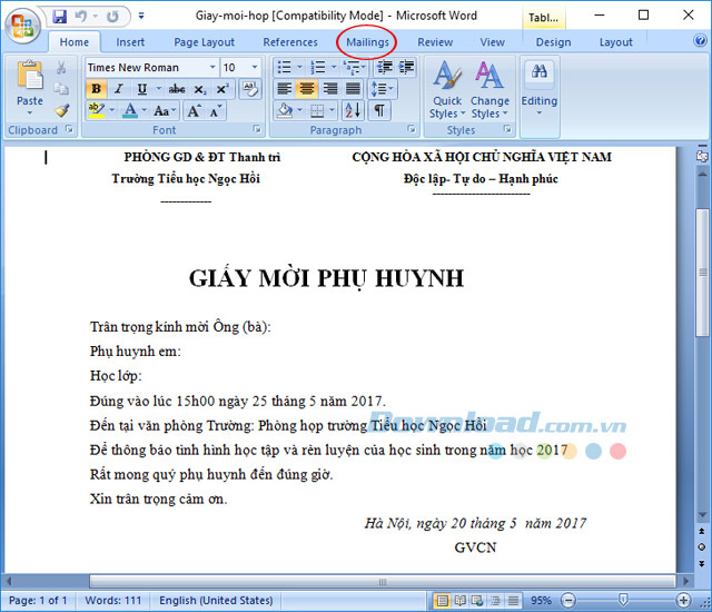 Cách trộn giấy mời họp trong Microsoft Word