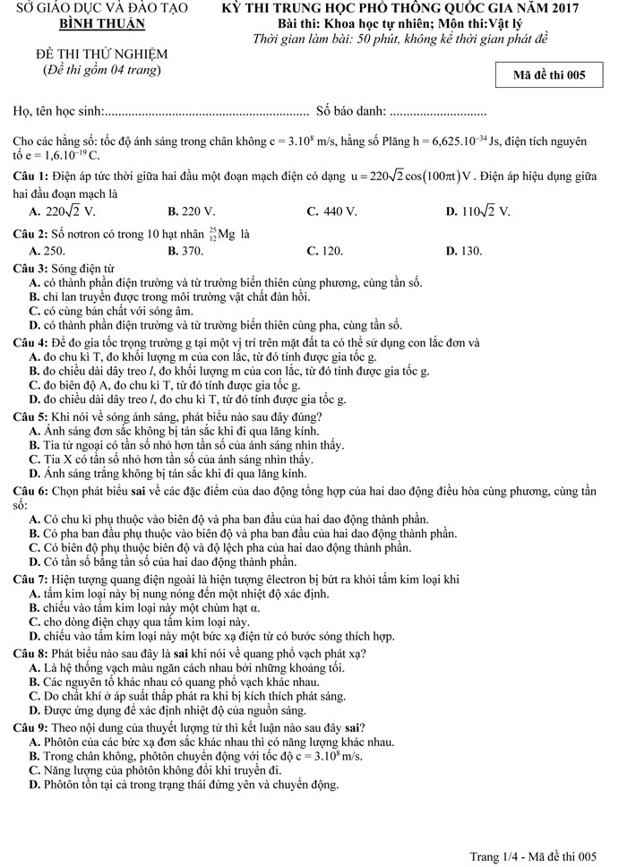 Đề thi thử THPT Quốc gia 2017 môn Vật lý
