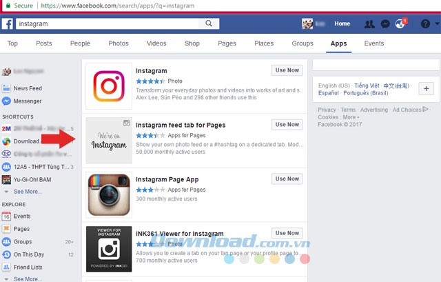 Tìm ứng dụng Instagram trên Facebook