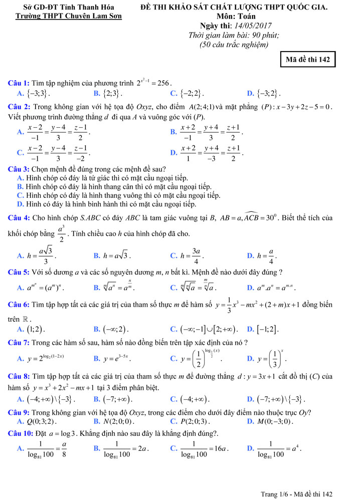 Đề thi thử THPT Quốc gia 2017 môn Toán