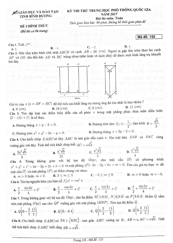 Đề thi thử THPT Quốc gia 2017 môn Toán