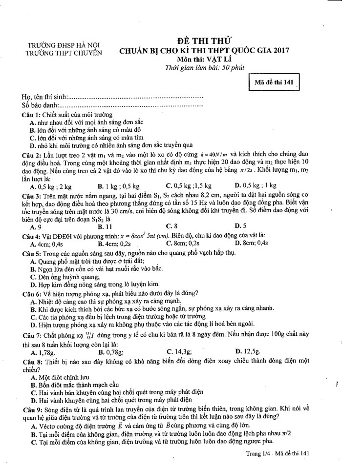 Đề thi thử THPT Quốc gia 2017 môn Vật lý