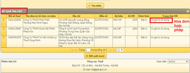 Kết quả tra cứu hóa đơn