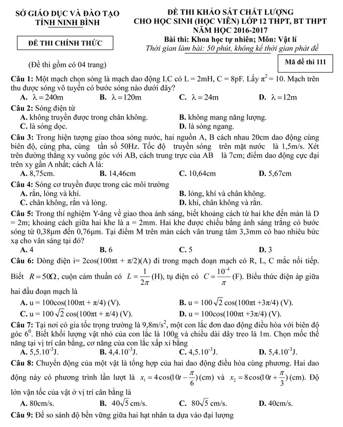 Đề thi thử THPT Quốc gia 2017 môn Vật lý