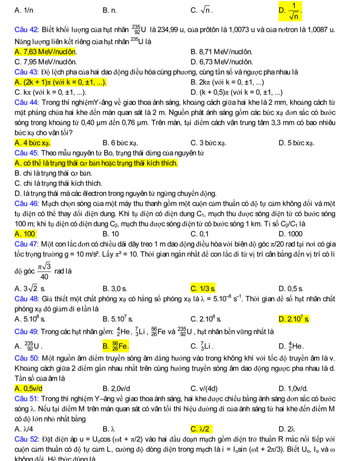 500 câu hỏi trắc nghiệm môn Vật lý