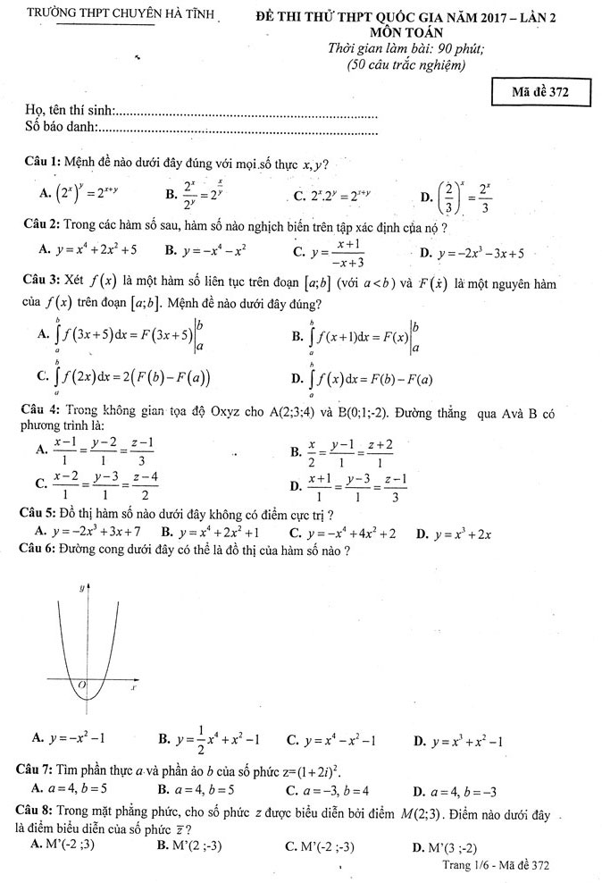 Đề thi thử THPT Quốc gia 2017 môn Toán