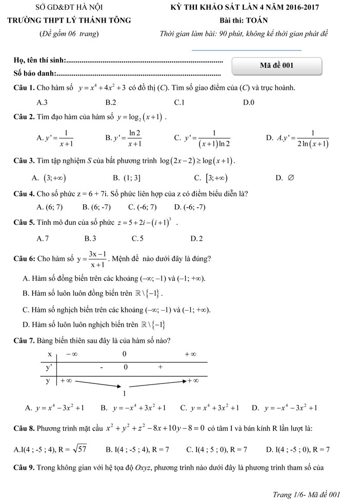 Đề thi thử THPT Quốc gia 2017 môn Toán