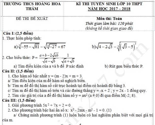 Đề thi thử vào lớp 10 môn Toán