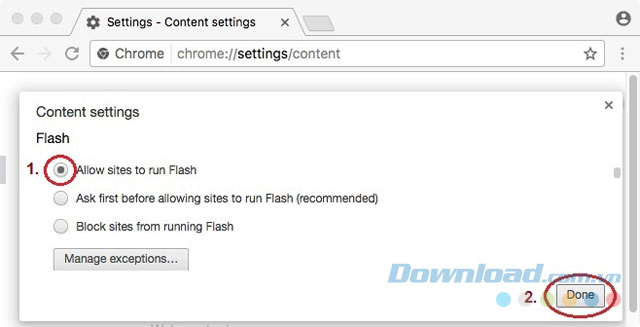 Bật tùy chọn cho phép chạy flash