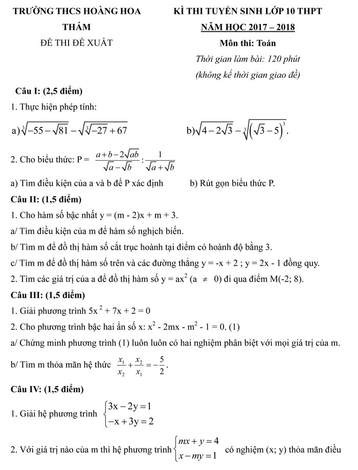 Đề thi thử vào lớp 10 năm 2017 môn Toán