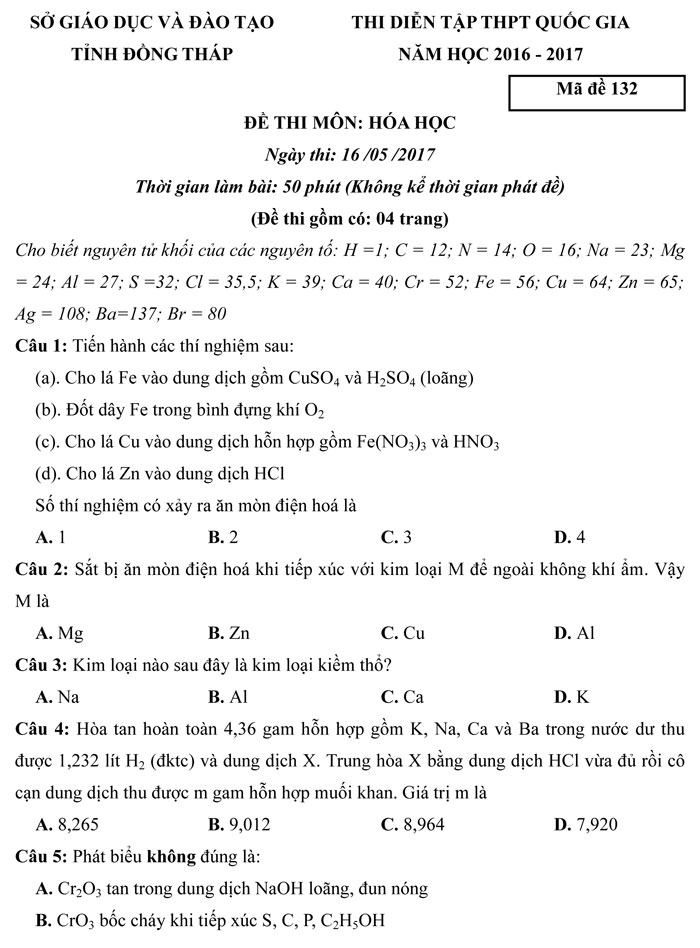 Đề thi thử THPT Quốc gia năm 2017 môn Hóa học