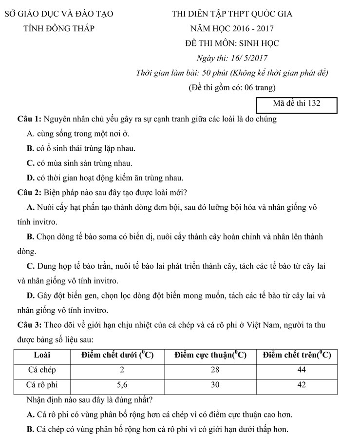 Đề thi thử THPT Quốc gia năm 2017 môn Sinh học