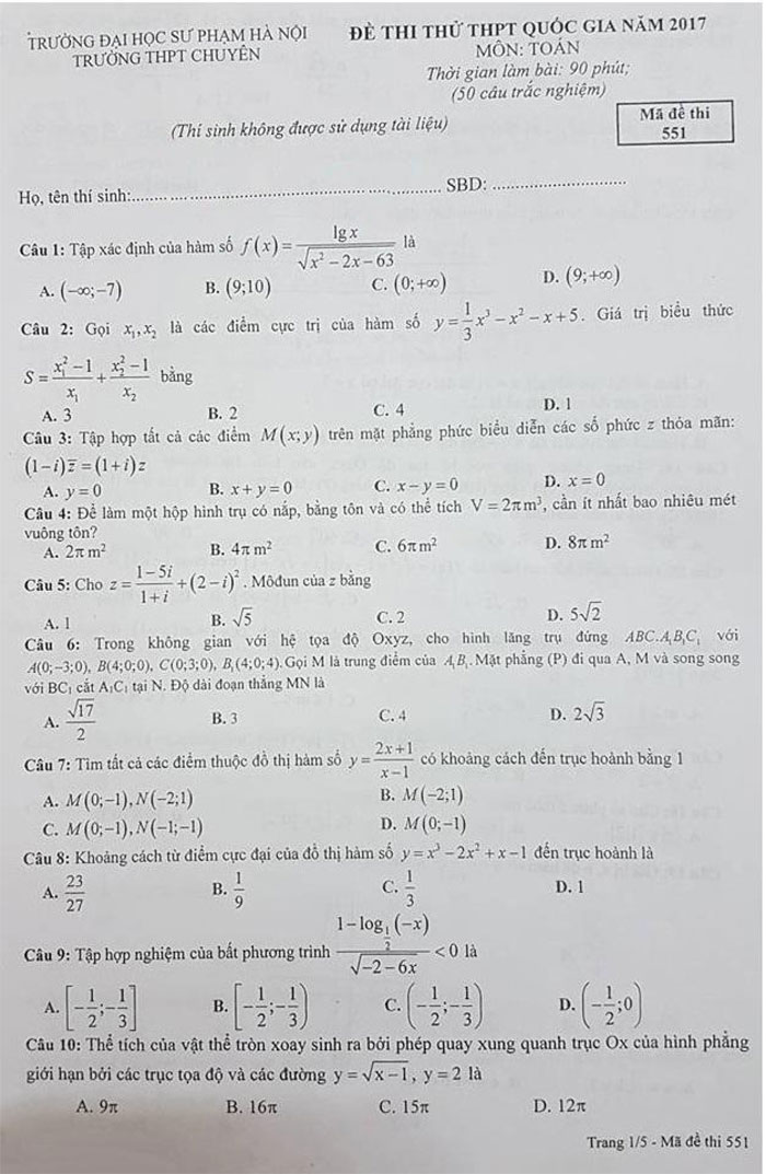 Đề thi thử THPT Quốc gia 2017 môn Toán