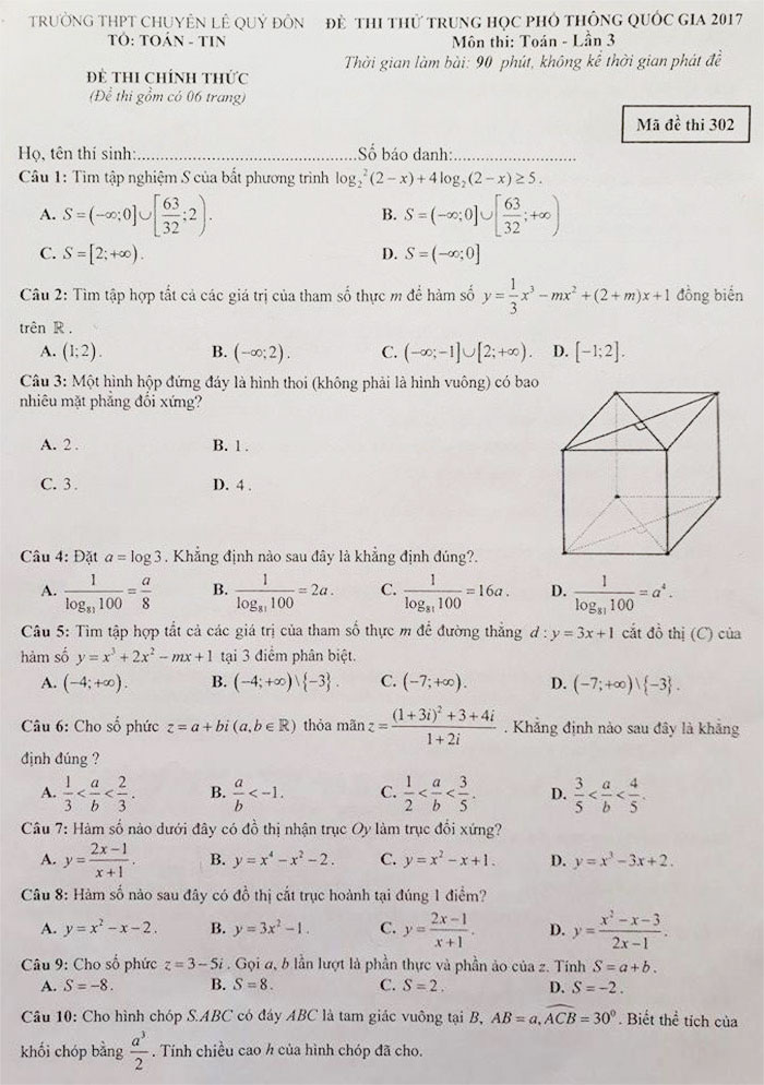 Đề thi thử THPT Quốc gia 2017 môn Toán