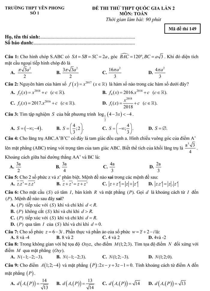 Đề thi thử THPT Quốc gia 2017 môn Toán