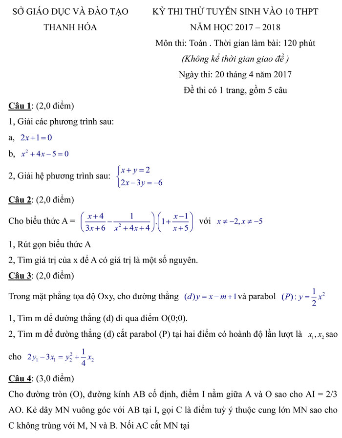 Đề thi thử vào lớp 10 môn Toán