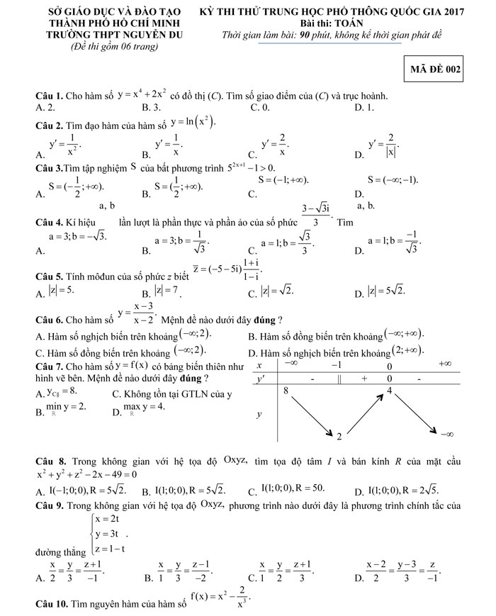 Đề thi thử THPT Quốc gia 2017 môn Toán