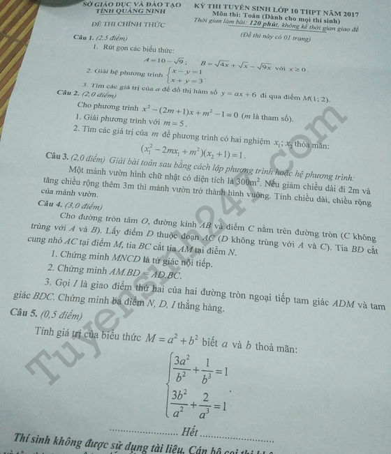 Đề thi tuyển sinh vào lớp 10 môn Toán