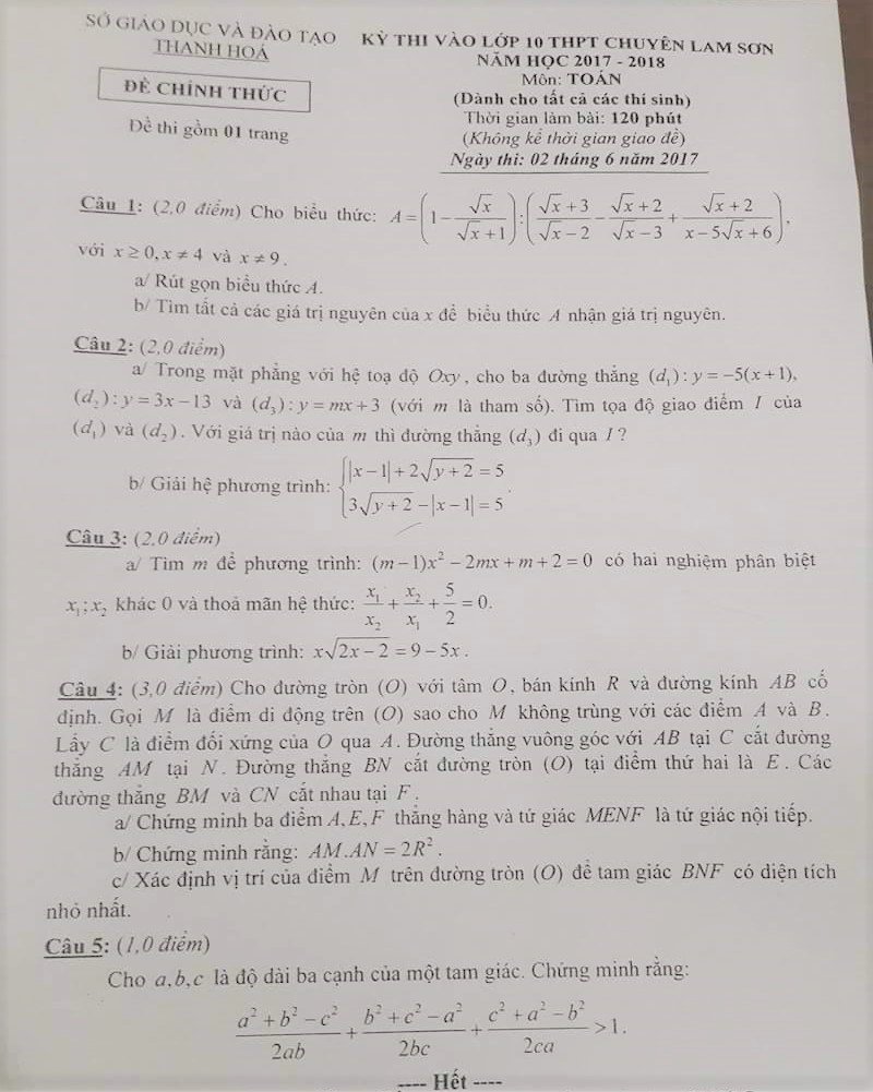 Đề thi vào lớp 10 môn Toán trường THPT Chuyên Lam Sơn – Thanh Hóa năm học 2017 – 2018 Đề thi tuyển sinh vào lớp 10 môn Toán