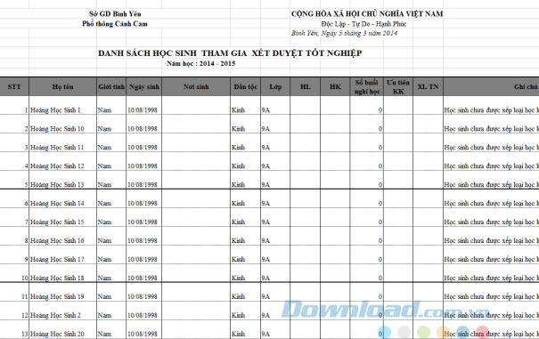 Xuất Excel danh sách xét duyệt tốt nghiệp THCS