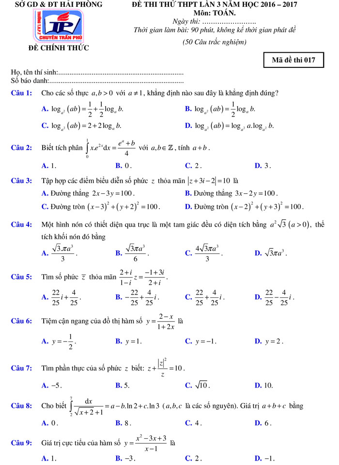 Đề thi thử THPT Quốc gia 2017 môn Toán
