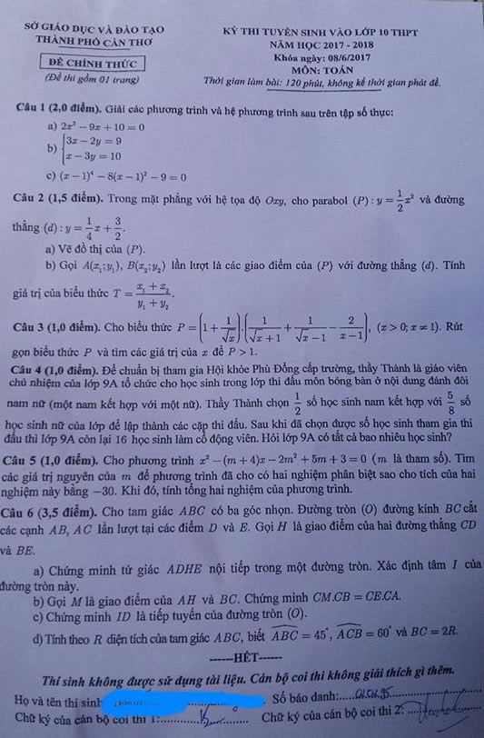 Đề thi tuyển sinh vào lớp 10 môn Toán tỉnh Cần Thơ